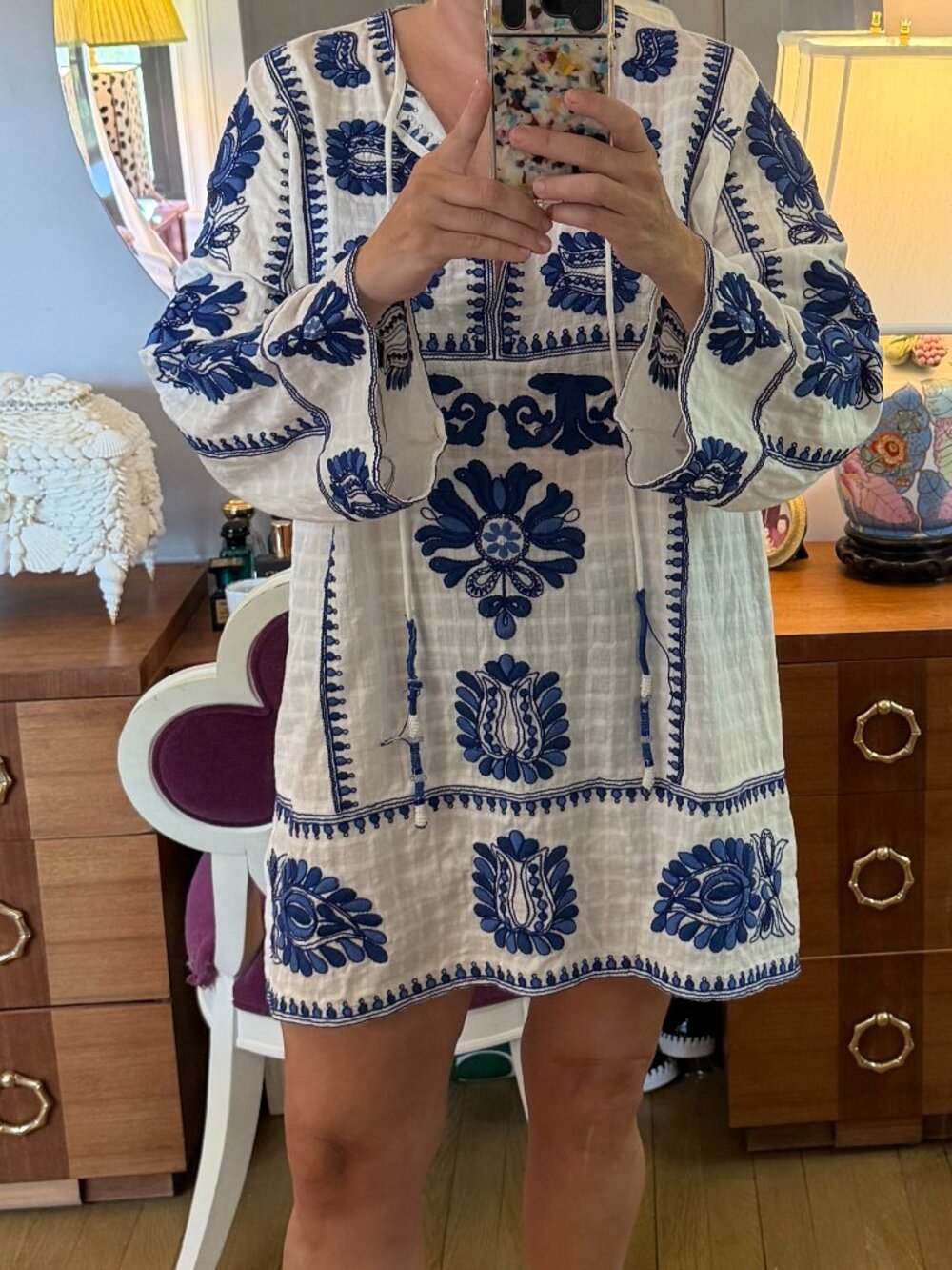Zara Woman Blue & White Embroidered Shor Kaftan Tunic Dress Size Large - Picture 2 of 4